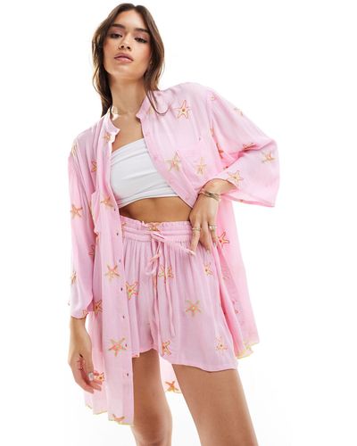 South Beach Embroidered Crinkle Long Sleeve Beach Shirt - Pink