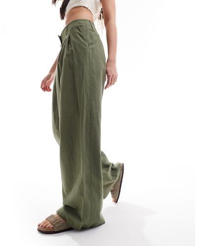 Monki Linen Tailored Wide Leg Pants - Green
