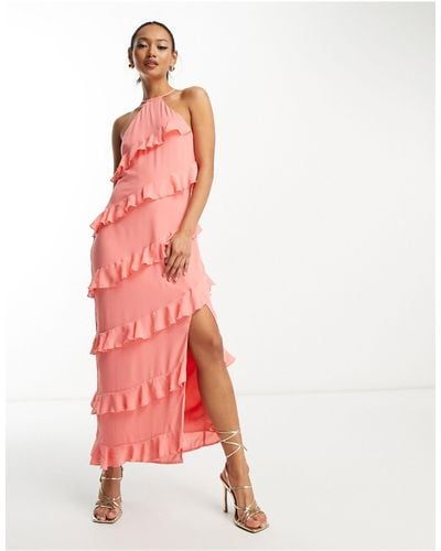 Pretty Lavish Halterneck Asymmetric Ruffle Maxi Dress - Pink