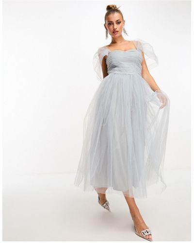 LACE & BEADS Puff Sleeve Tulle Midaxi Dress - Grey