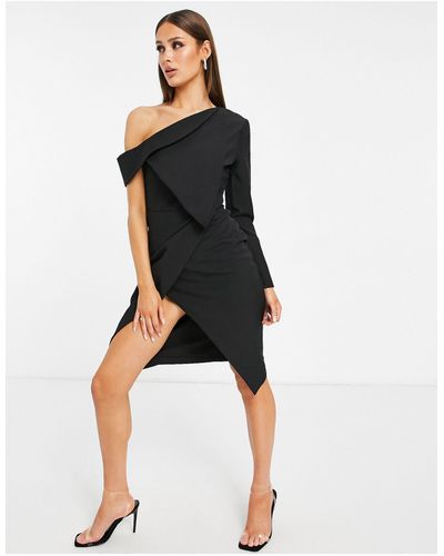 Lavish Alice One Shoulder Bardot Neck Asymmetric Midi Blazer Dress - Black