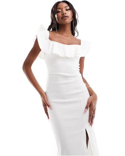 Vesper Frill Sleeve Side Split Midi Dress - White