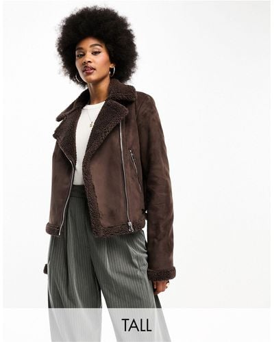 Threadbare Tall Betsy Suedette Aviator Jacket With Borg Trims - Brown