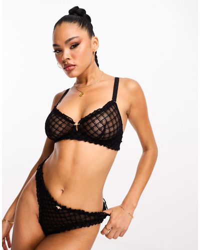We Are We Wear Flock Mesh Unlined Bralette With Ruffle Trim Detail - Black