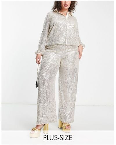 Flounce London Pantalon d'ensemble large - métallisé et scintillant - Blanc