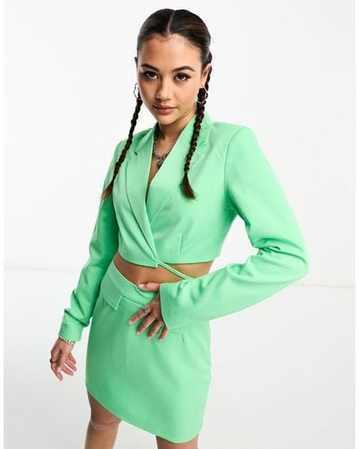 Noisy May Cropped Tie Detail Blazer Co-ord - Green