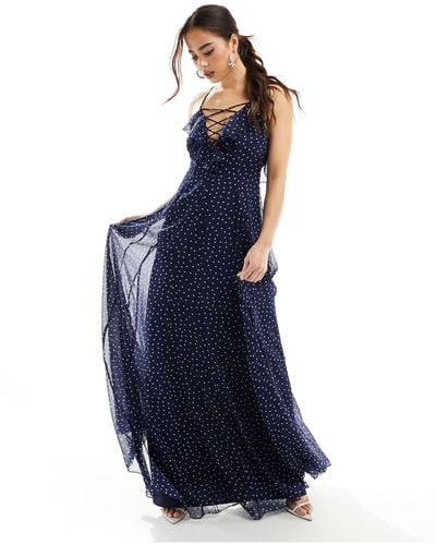 ASOS Lace Up Ruffle Cami Maxi Dress With Godet - Blue