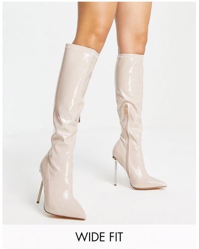 SIMMI Simmi London Wide Fit Demi Knee Boots With Diamante Stiletto Heel - White
