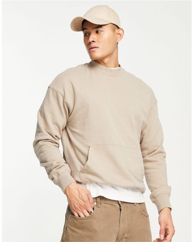 ADPT Washed Oversized Mock Neck Sweatshirt With Front Pocket - Natural