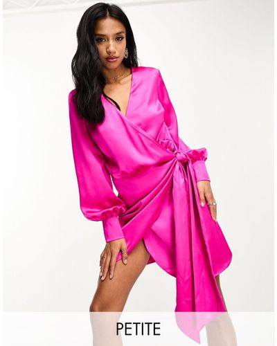 Never Fully Dressed Petite Satin Wrap Mini Dress - Pink