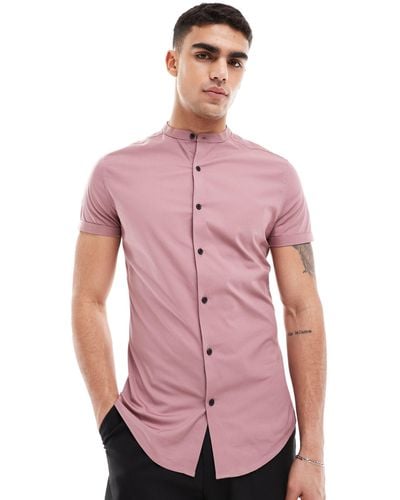 ASOS Skinny Fit Shirt With Grandad Collar - Pink