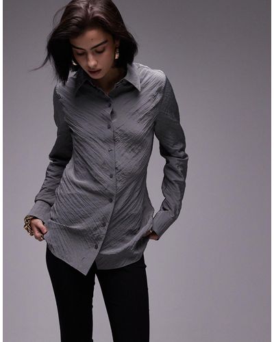 TOPSHOP Crinkle Longline Shirt - Grey