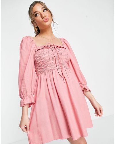 New Look 3/4 Sleeve Square Neck Shirred Frill Mini Dress - Pink