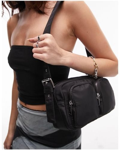 TOPSHOP Skye Multi Pocket Nylon Shoulder Bag - Black