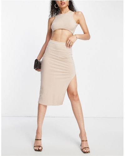 Femme Luxe Front Spilt Midi Skirt Co Ord - Natural