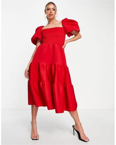 ASOS Shir Puff Sleeve Tie Prom Midi Dress - Red