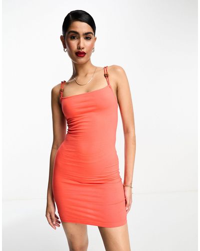 ASOS Square Neck Strappy Mini Bodycon Dress With Wooden Beads - Pink