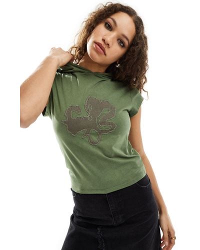 Collusion Hooded Cap Sleeve Top With Applique Detail - Green