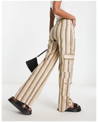 Daisy Street Pantalon cargo en lin à rayures style années 2000 - Neutre