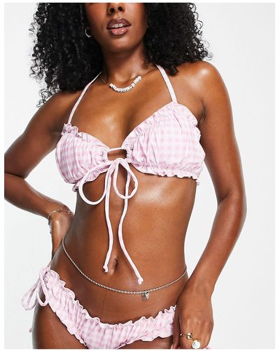 Daisy Street Gerimpeld Bikinitopje Met Strik Voor En Mini-gingham Print - Roze