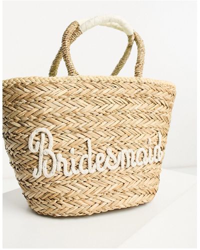South Beach Bridesmaid Embroidered Straw Bucket Bag - Natural