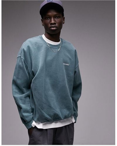 TOPMAN Oversized Fit Sweatshirt With Archives Front And Back Print - Blue