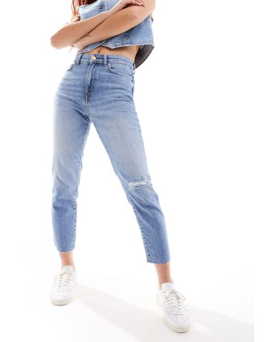 ONLY Emily - jean droit à taille haute à détails déchirés - moyen - Bleu