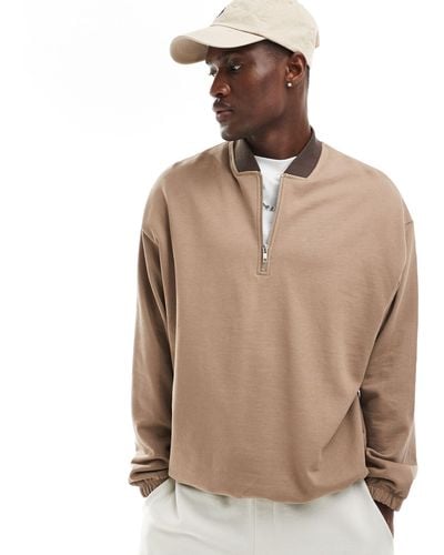 ASOS Oversized Half Zip Sweatshirt With Contrast Collar - Brown