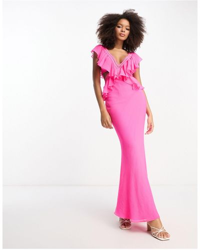 ASOS Ruffle Lace Insert Tiered Cut Out Maxi Dress - Pink