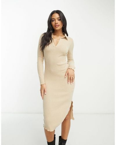 I Saw It First Knitted Collar Detail Midi Dress - Natural