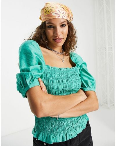 ONLY Shirred Puff Sleeve Top - Green