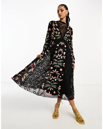 Frock and Frill Embroidered Maxi Dress - Black