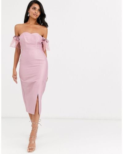 True Decadence Off Shoulder Midi Dress With Statement Organza Sleeve - Pink