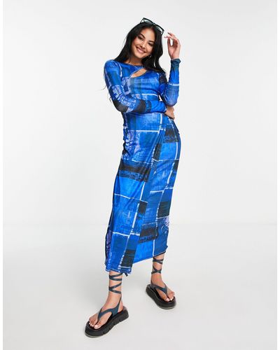 TOPSHOP Ranch Print Cut Out Jersey Midi Dress - Blue