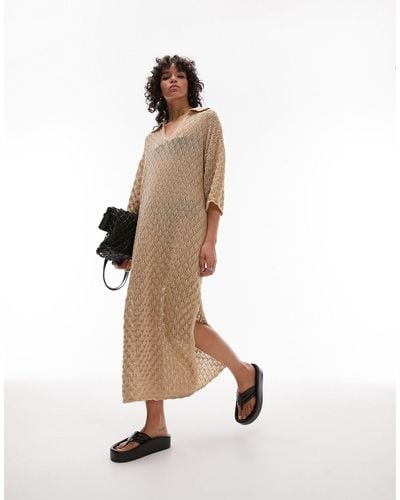 TOPSHOP Knitted Stitchy Polo Maxi Dress - Natural
