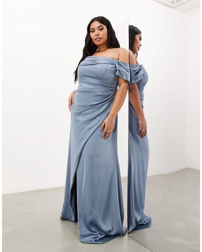 ASOS Asos Design Bridesmaid Curve Satin Bardot Drape Wrap Maxi Dress - Blue