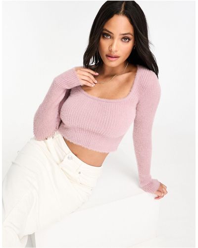 Bershka Fluffy Knit Square Neck Sweater - Pink