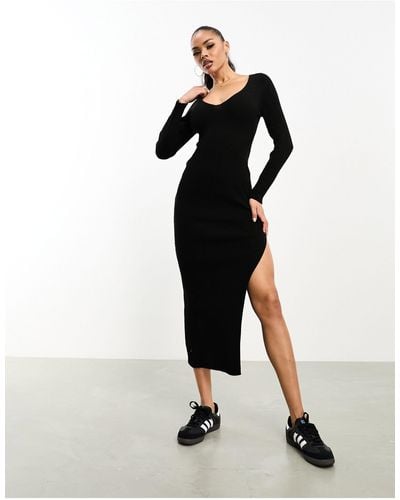 Fashionkilla Knitted V Neck Side Split Midi Dress - Black