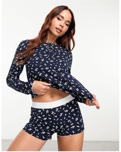 ASOS Mix & Match Ditsy Print Pajama Short With Exposed Waistband And Picot Trim - Blue