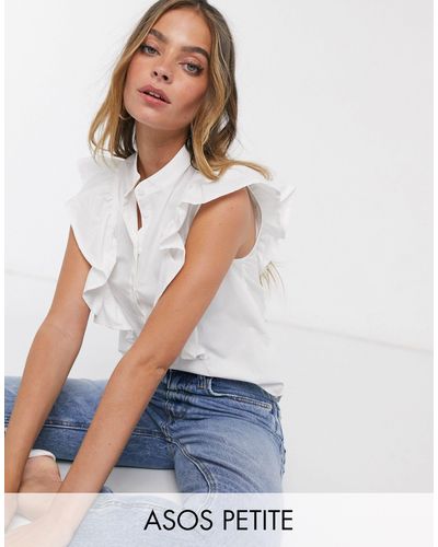 ASOS Asos Design Petite Sleeveless Shirt With Frill Detail - White