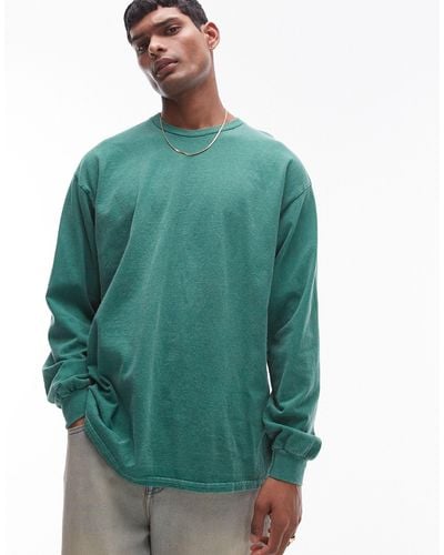 TOPMAN Vintage Wash Long Sleeve T-shirt - Green