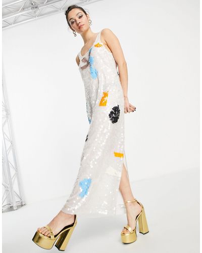 TOPSHOP Premium Abstract Disc Sequin Built Up Maxi Slip Dress - White