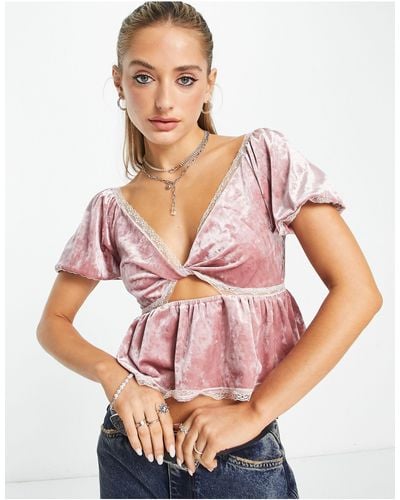 Reclaimed (vintage) Velvet Top With Lace Trims - Pink