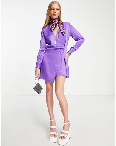 Bershka Twist Front Satin Dress - Purple