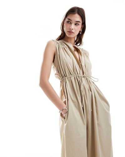 ASOS Shirred Shoulder Tie Waist Wide Leg Jumpsuit - Natural