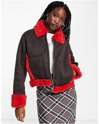 Weekday Enzo Suedette Bonded Shearling Jacket - Red