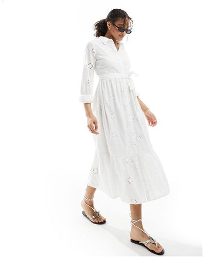 New Look Robe chemise mi-longue avec broderie anglaise - Blanc