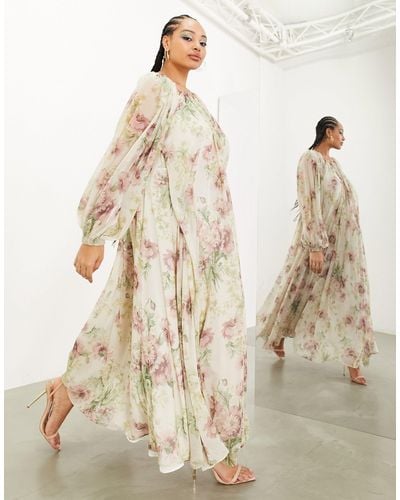 ASOS Vestido largo color crema con estampado floral vintage y abertura en las mangas - Neutro