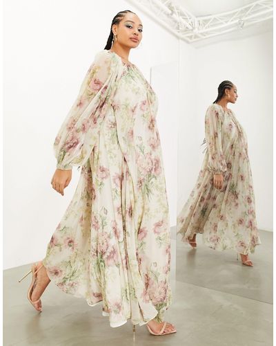 ASOS Curve - robe longue à fleurs vintage en mousseline avec manches fendues - crème - Neutre