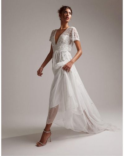 ASOS Frankie Beaded Mesh Plunge Cap Sleeve Wedding Dress In - Gray